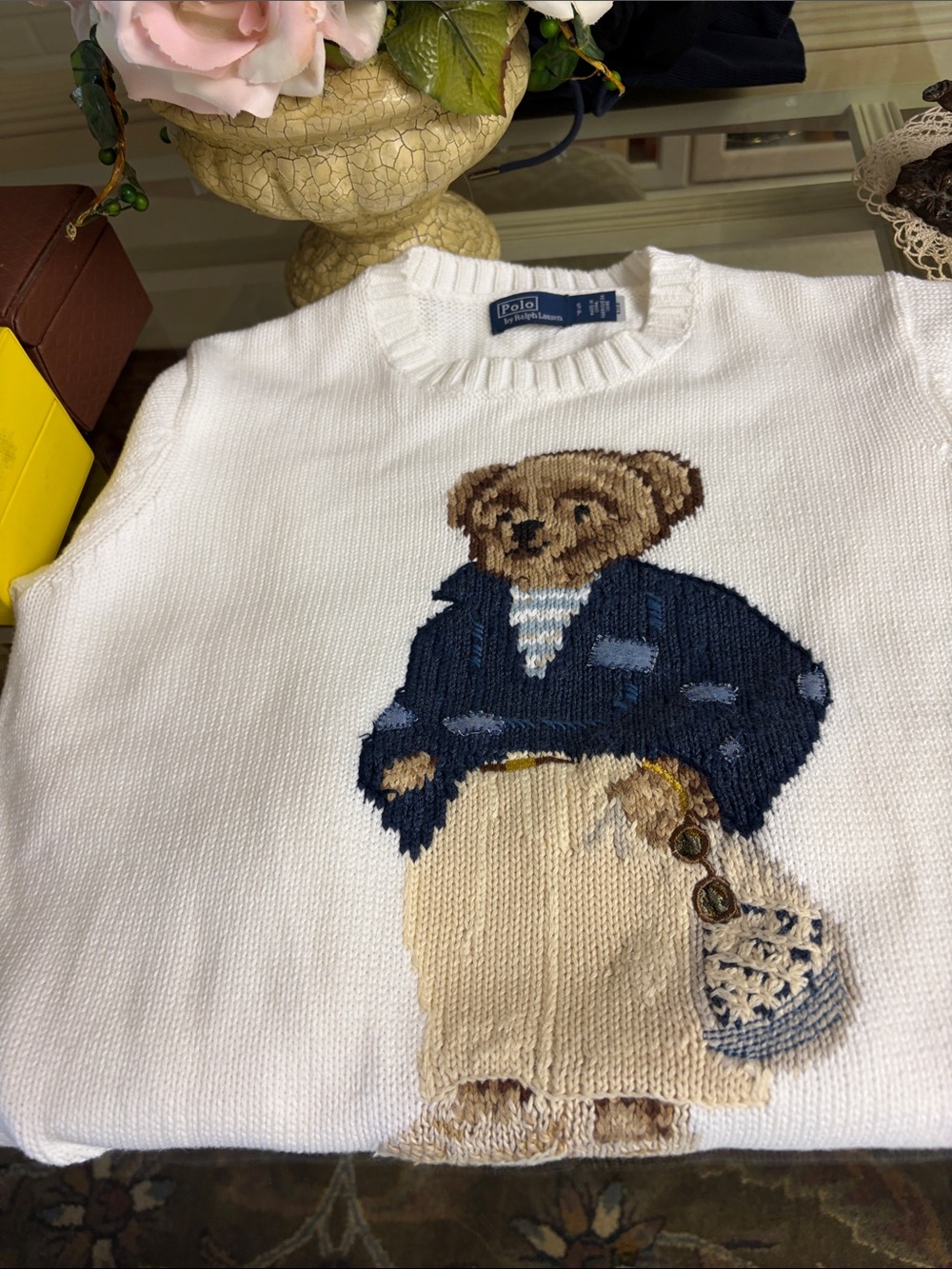 Polo by Ralph Lauren White Crewneck Sweater with Bear Motif - Navy & Tan Accents